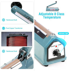 KINGSTAR Impulse Sealer 8-Inch | Heavy-Duty Manual Heat Sealer for Plastic & Shrink Wrap Bags | Adjustable Heat Settings + Repair Kit