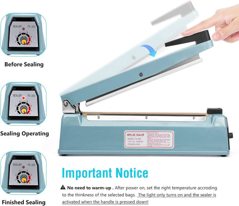 KINGSTAR 12-Inch Impulse Sealer | Heavy-Duty Manual Heat Sealer for Plastic Bags, Mylar & Shrink Wraps | Adjustable Heat Settings + Repair Kit
