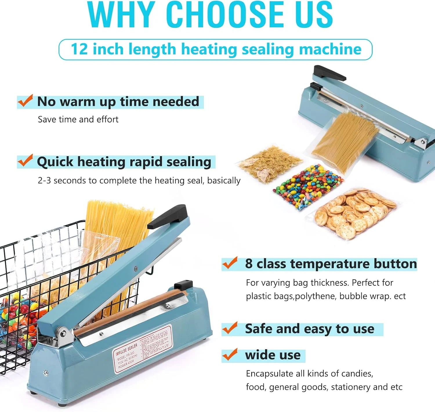 KINGSTAR 12-Inch Impulse Sealer | Heavy-Duty Manual Heat Sealer for Plastic Bags, Mylar & Shrink Wraps | Adjustable Heat Settings + Repair Kit