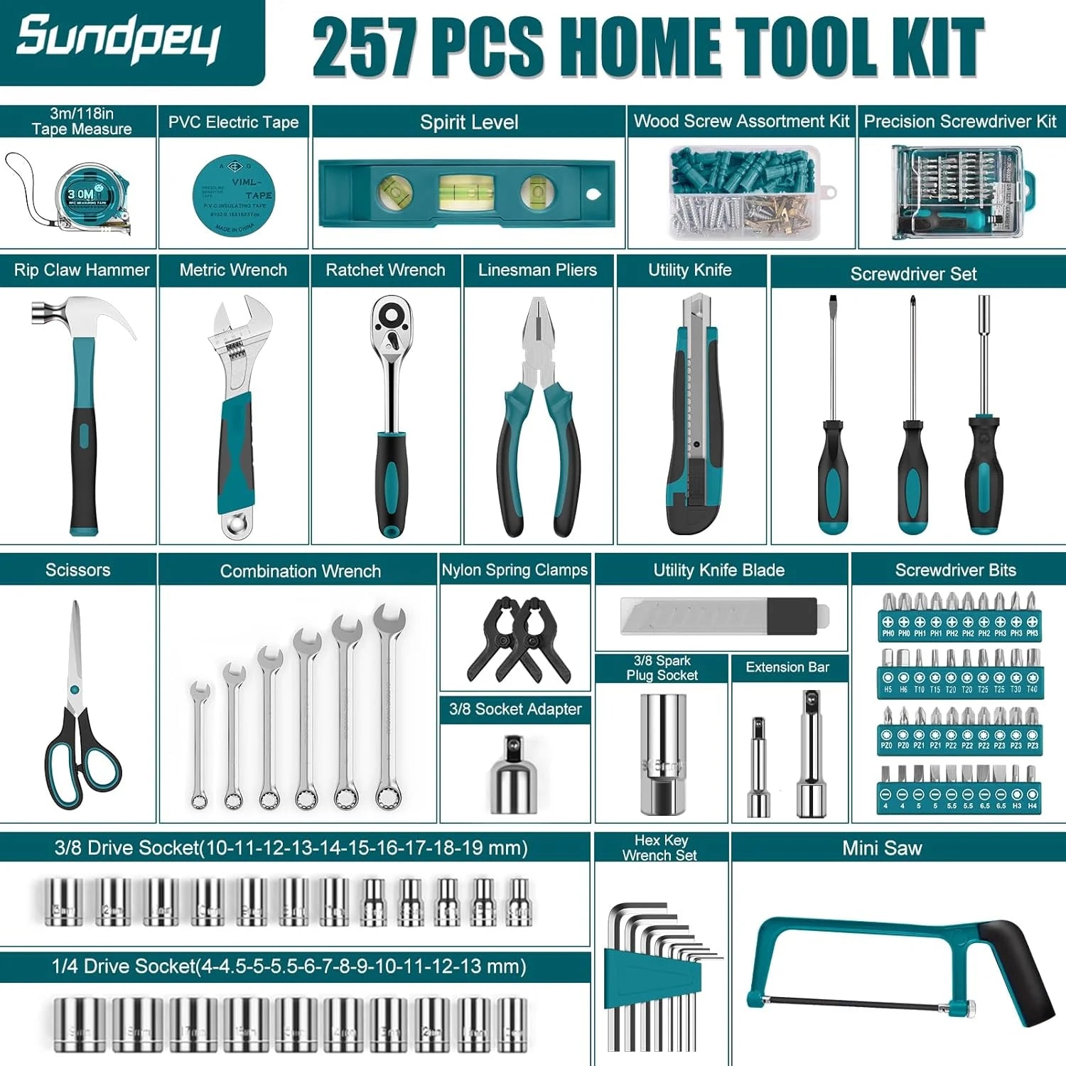 Sundpey 257-Piece Home Tool Kit – Complete Set for DIY & Home Repairs with Toolbox
