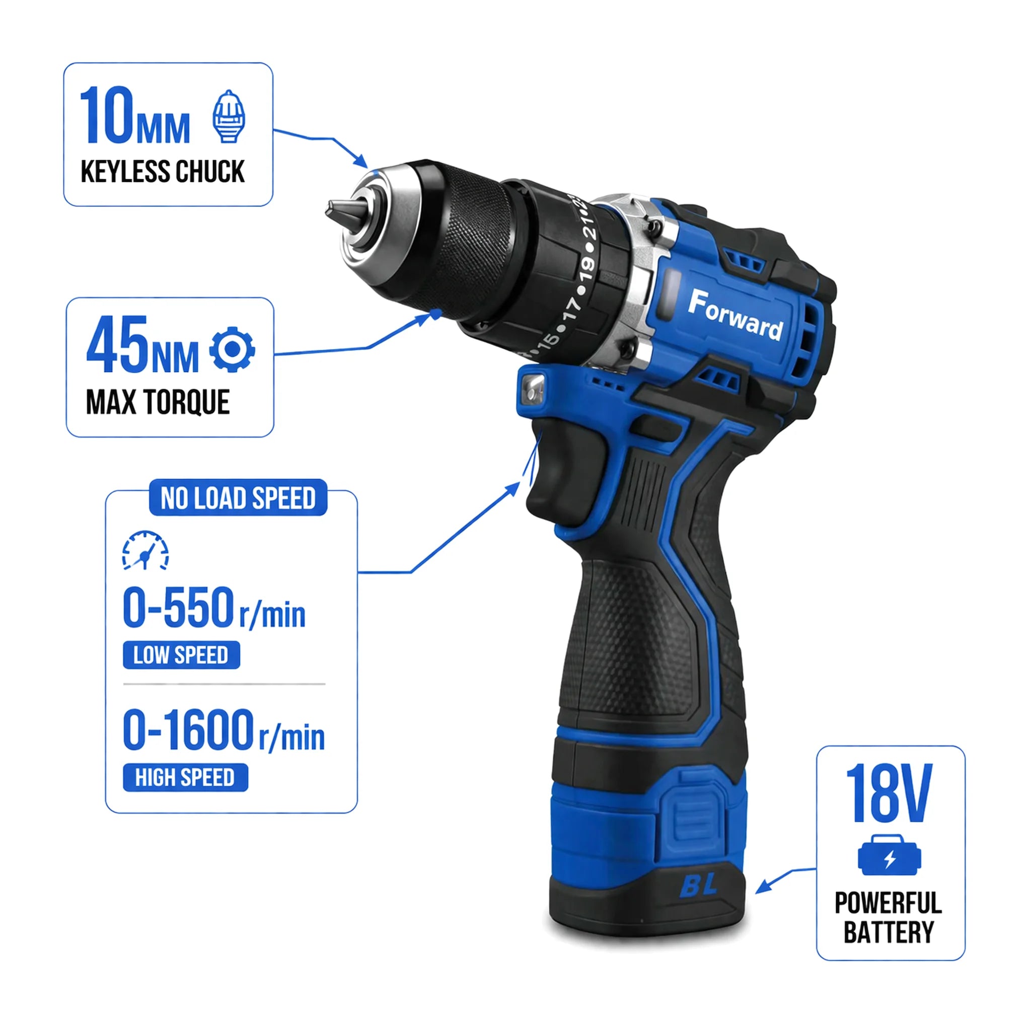 Forward 18V Brushless Cordless Drill Driver 10mm Metal Chuck | 45Nm Torque | Dual Speed | Copper Lifetime Warranty.