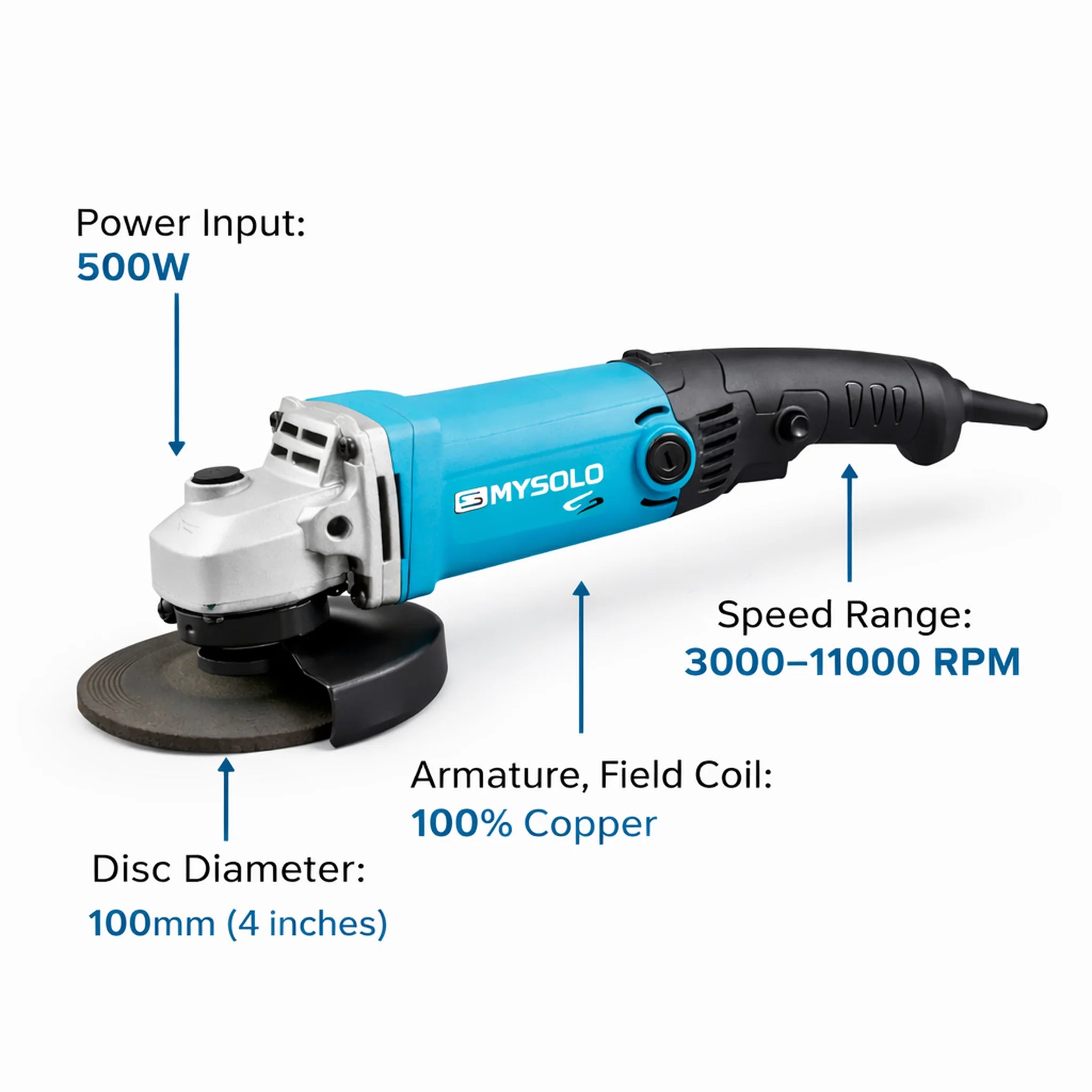 MYSOLO SL2001N 4-Inch Angle Grinder – 500W Copper Motor, Variable Speed 3000-11000 RPM, Heavy Duty Metal Grinder with Safety Guard & Auxiliary Handle