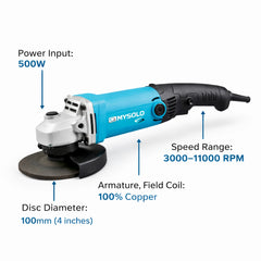 MYSOLO SL2001N 4-Inch Angle Grinder – 500W Copper Motor, Variable Speed 3000-11000 RPM, Heavy Duty Metal Grinder with Safety Guard & Auxiliary Handle